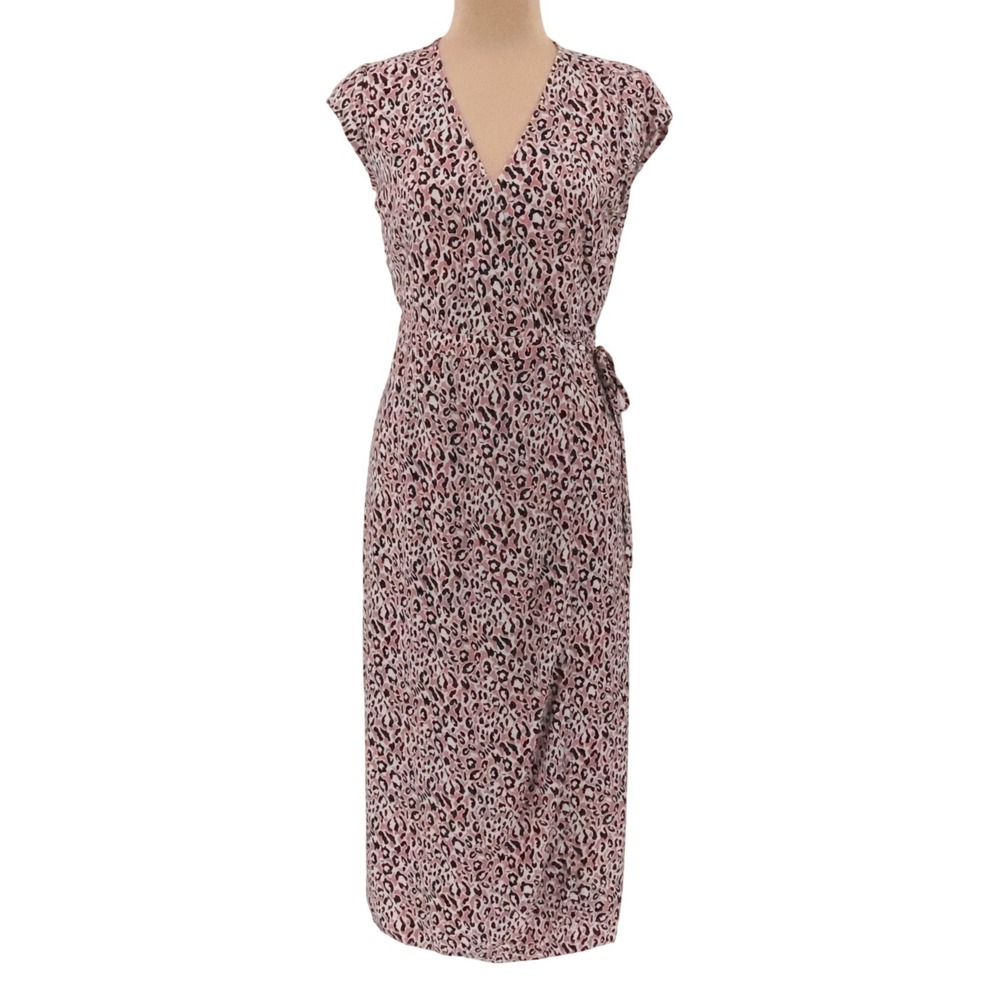 J Crew Leopard Midi Wrap Dress Womens XS Pink Black Animal Print Office Timeless